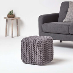 Homescapes Dark Grey Cube Cotton Knitted Pouffe Footstool - thumbnail 2