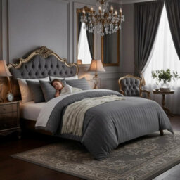 3-Piece Satin Stripe Microfiber Duvet Cover Soft Bedding Set With Pillowcase Breathable & Hypoallergenic, Machine Washable Grey Qu - thumbnail 2