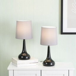 Valuelights Teardrop Pair Of Black Touch Table Lamps With Grey Shade And Bulbs