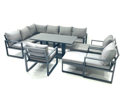 Fimous Aluminum Outdoor Garden Furniture Set Corner Sofa 3 Chair 2 Big Footstools Adjustable Rising Lifting Dining Table Set