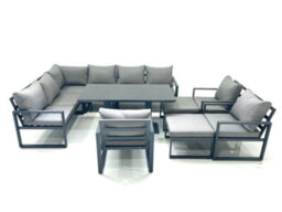 Fimous Aluminum Outdoor Garden Furniture Set Corner Sofa 3 Chair 2 Big Footstools Adjustable Rising Lifting Dining Table Set - thumbnail 2