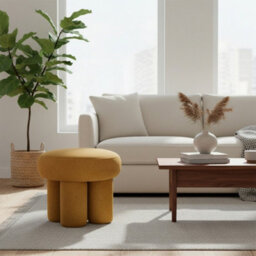 Living And Home Modern Yellow Round Mushroom-Shaped Upholstered Footstool, 44Cm (W) X 44Cm (H)