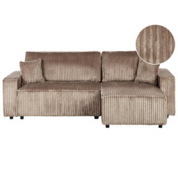 Beliani Corner Sofa Bed 3 Seater Abacka Corduroy Light Brown With Storage Left Hand