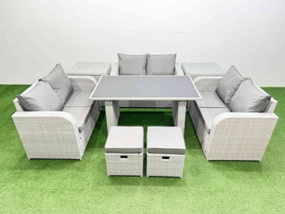 Fimous 8 Seater Patio Garden Furniture Sets With Black Glass Top Dining Table Love Sofa 2 Side Tables 2 Small Stool Light Grey - image 1