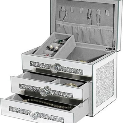 Deenz Crystal Glass Mirrored Jewellery Box 3-Tier Storage Crushed Diamond Display Square Design Silver Sparkle 24 X 18 X 16 Cm
