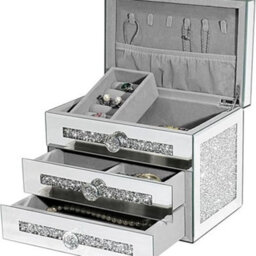 Deenz Crystal Glass Mirrored Jewellery Box 3-Tier Storage Crushed Diamond Display Square Design Silver Sparkle 24 X 18 X 16 Cm