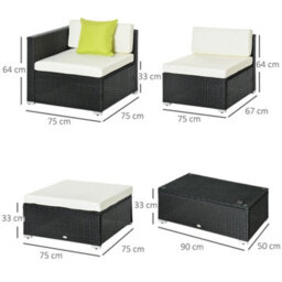Outsunny 5 Pieces Rattan Sofa Set Wicker Sectional Cushion Patio Black Garden - thumbnail 3