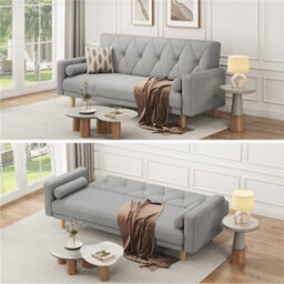 Yaheetech Light Grey Button-Tufted Fabric 3-Seater Convertible Sofa Bed With 2 Bolster Pillows - thumbnail 7