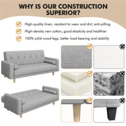 Yaheetech Light Grey Button-Tufted Fabric 3-Seater Convertible Sofa Bed With 2 Bolster Pillows - thumbnail 6