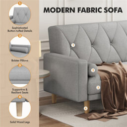 Yaheetech Light Grey Button-Tufted Fabric 3-Seater Convertible Sofa Bed With 2 Bolster Pillows - thumbnail 5