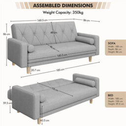 Yaheetech Light Grey Button-Tufted Fabric 3-Seater Convertible Sofa Bed With 2 Bolster Pillows - thumbnail 4