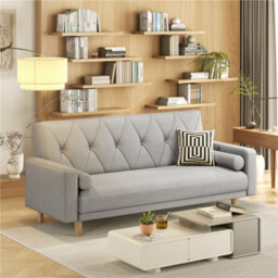 Yaheetech Light Grey Button-Tufted Fabric 3-Seater Convertible Sofa Bed With 2 Bolster Pillows - thumbnail 3