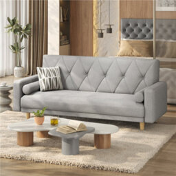 Yaheetech Light Grey Button-Tufted Fabric 3-Seater Convertible Sofa Bed With 2 Bolster Pillows