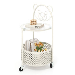 Gainoom Mobile Glass Coffee Table 2-Tier Round End Table W/bear Pattern - thumbnail 1