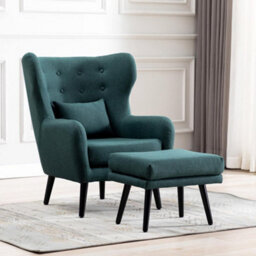More4Homes Winslow Wing Back Occasional Bedroom Living Room Button Back Linen Fabric Accent Chair Armchair (Green W Footstool)