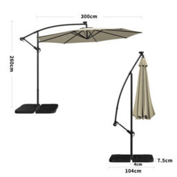 Living And Home 3M Led Lighted Large Garden Cantilever Patio Parasol Sun Shade Banana Umbrella Crank Tilt With Black Base, Beige - thumbnail 5