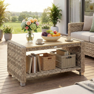 Outsunny Outdoor Coffee Table With Storage Shelf And Slatted Top, Light Brown - image 1