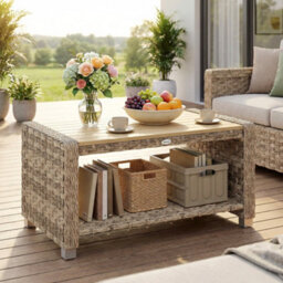 Outsunny Outdoor Coffee Table With Storage Shelf And Slatted Top, Light Brown - thumbnail 1