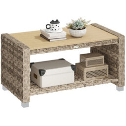 Outsunny Outdoor Coffee Table With Storage Shelf And Slatted Top, Light Brown - thumbnail 2