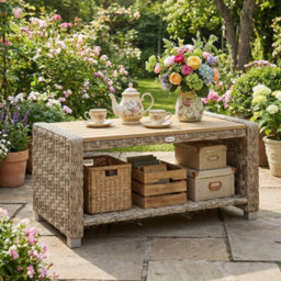 Outsunny Outdoor Coffee Table With Storage Shelf And Slatted Top, Light Brown - thumbnail 8