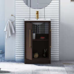 Royal Bathrooms Livora 500mm Black Woodgrain Floor Standing Vanity Unit 2 Door With Minimalist Basin & Brushed Brass Handle - thumbnail 4