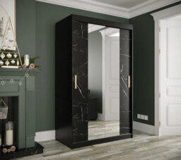 Arte Sleek Black Geneva T1 Mirrored Sliding Door Wardrobe W1200mm H2000mm D620mm - Space-Saving, Gold Handles, Efficient Storage - thumbnail 2