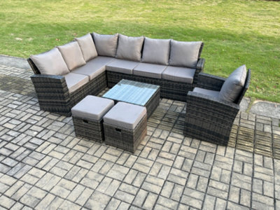 Fimous 9 Seater Outdoor Furniture Garden Dining Set Rattan Corner Sofa Set With Square Coffee Table 2 Small Footstools - image 1