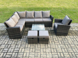 Fimous 9 Seater Outdoor Furniture Garden Dining Set Rattan Corner Sofa Set With Square Coffee Table 2 Small Footstools - thumbnail 2