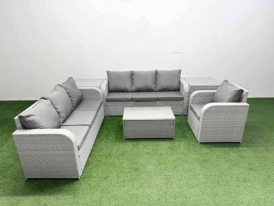 Fimous 7 Seater Poly Rattan Outdoor Garden Furniture Sofa Set 3 Seater Sofa Reclining Chair 3 Seater Sofa 2 Side Table Light Grey - image 1