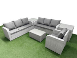 Fimous 7 Seater Poly Rattan Outdoor Garden Furniture Sofa Set 3 Seater Sofa Reclining Chair 3 Seater Sofa 2 Side Table Light Grey - thumbnail 2