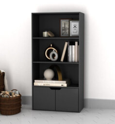 Urbn-Living Urbnliving Height 118Cm 4 Tier Wooden Bookcase Cupboard With Doors Storage Shelving Display Colour Black Door Black Cabinet Unit - thumbnail 2
