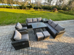Fimous 10 Seater Rattan Outdoor Garden Furniture Sofa Set Patio Table & Chairs Set With 3 Seater Sofa Rectangular Dining Table - thumbnail 2