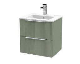 Hudson Reed Fluted Wall Hung 2-Drawer Vanity And Minimalist Basin, Contemporary Sink Vanity Unit, Satin Green, 500mm