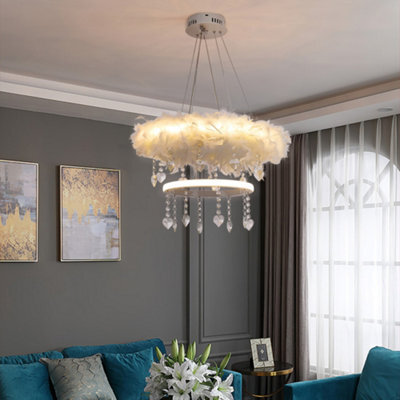 Living And Home Double Round Liner Feather Led Pendant Light Chandelier With Crystal In White Light - image 1