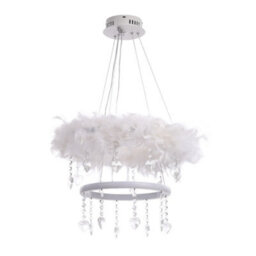 Living And Home Double Round Liner Feather Led Pendant Light Chandelier With Crystal In White Light - thumbnail 4