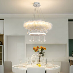 Living And Home Double Round Liner Feather Led Pendant Light Chandelier With Crystal In White Light - thumbnail 2