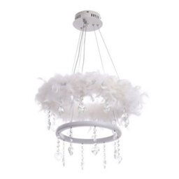 Living And Home Double Round Liner Feather Led Pendant Light Chandelier With Crystal In White Light - thumbnail 6