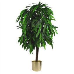 Leaf Artificial Mango Plant Tree Gold Metal Planter 120Cm 4Ft Tall Natural Wood Botanik