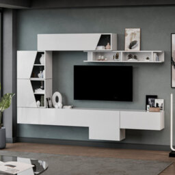 Decorotika Cruz  Moduler Modern Tv Unit Wall Mount Customizable Layout High Gloss White - thumbnail 2