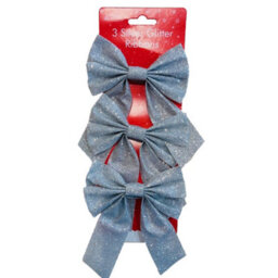 Anker Pack Of 3 Christmas Decorations Gift Wrap Silver Glitter Ribbon Bows