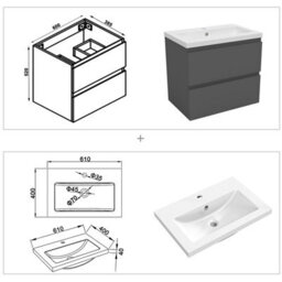 AVER-GROWTH 600mm Vanity Unit With Basin High Gloss Grey Resin Sink Wall Hung Bathroom Storage Cabinet Soft Close Hinges 2 Drawers - thumbnail 7
