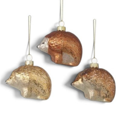 Heaven Sends Christmas Set Of Three Gold Glass Hedgehog Christmas Tree Decorations, 7 X 5.5 Cm Each