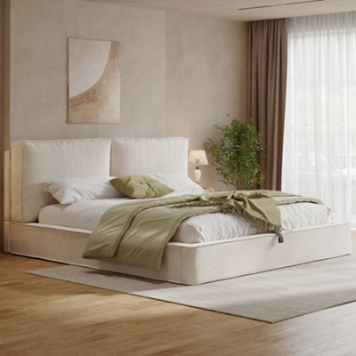Btm 4Ft6 Double Ottoman Storage Bed, Upholstered Hydraulic Lift Bed Frame, Soft Padded Headboard, Chenille Beige - image 1