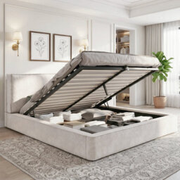 Btm 4Ft6 Double Ottoman Storage Bed, Upholstered Hydraulic Lift Bed Frame, Soft Padded Headboard, Chenille Beige - thumbnail 3