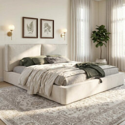 Btm 4Ft6 Double Ottoman Storage Bed, Upholstered Hydraulic Lift Bed Frame, Soft Padded Headboard, Chenille Beige - thumbnail 2