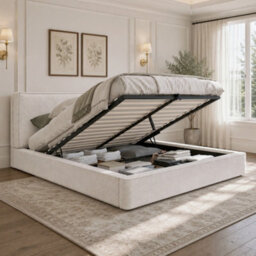 Btm 4Ft6 Double Ottoman Storage Bed, Upholstered Hydraulic Lift Bed Frame, Soft Padded Headboard, Chenille Beige - thumbnail 6