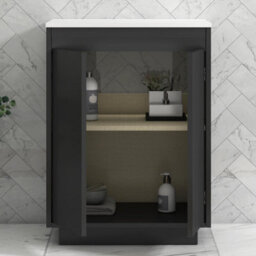Royal Bathrooms Orion 600mm Hale Black Floor Standing Plain White Countertop Vanity Unit 2 Door With Lyon Basin & Brushed Brass Accent Trim - thumbnail 4