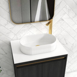Royal Bathrooms Orion 600mm Hale Black Floor Standing Plain White Countertop Vanity Unit 2 Door With Lyon Basin & Brushed Brass Accent Trim - thumbnail 5