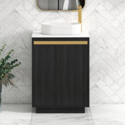 Royal Bathrooms Orion 600mm Hale Black Floor Standing Plain White Countertop Vanity Unit 2 Door With Lyon Basin & Brushed Brass Accent Trim - thumbnail 1