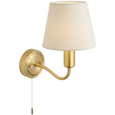 Bathroom Wall Light Fitting - Satin Brass Plate & Ivory Fabric Shade - Modern - image 1